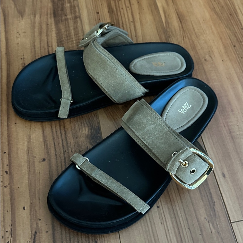 Zara Olive Sandals with Gold Buckle